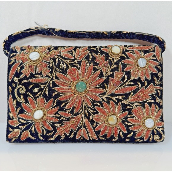 Handmade Handbags - Vintage Evening Handbag Floral Embroidered & Gemstones Clutch Purse FLAW